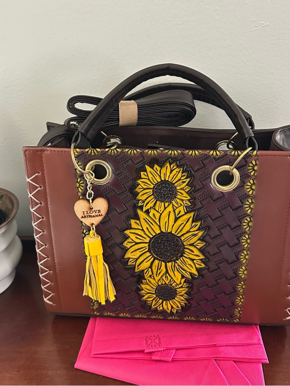 Handcrafted Brown & Yellow Sunflower Tote handBag